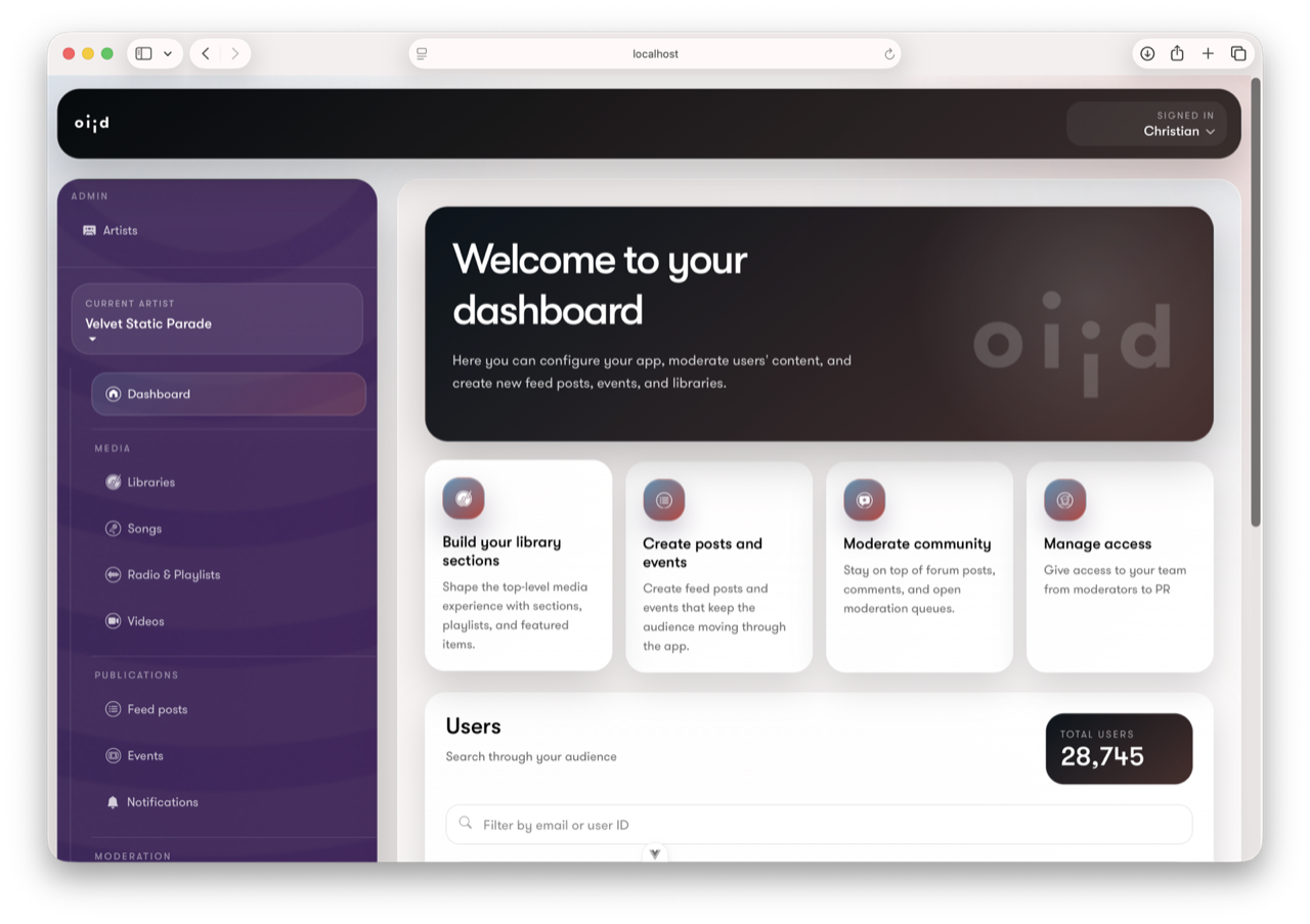 Artist dashboard overview with publishing, moderation, and audience tools