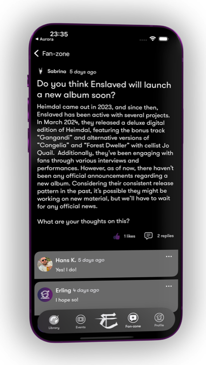 Artist app fan-zone discussion screen